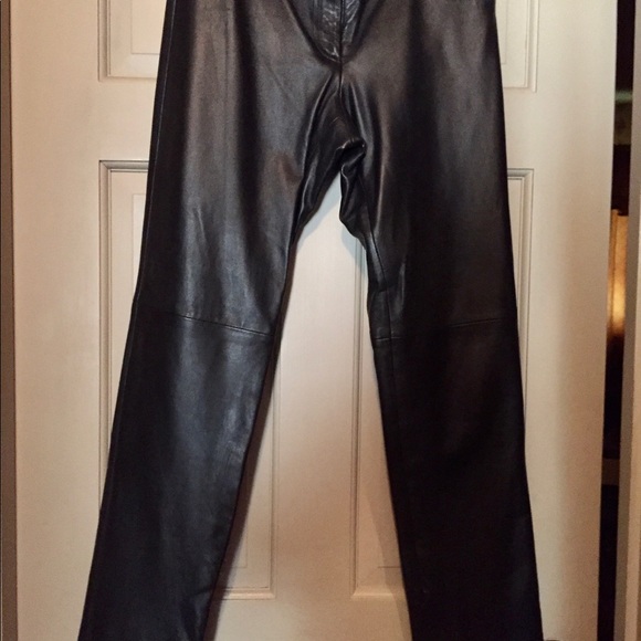 Black leather straight leg pants